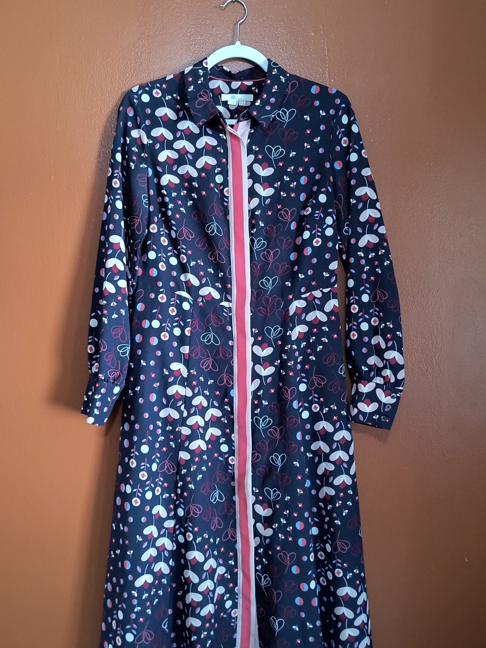 Boden Navy Long-Sleeve Floral Shirt Dress with Pink Trim